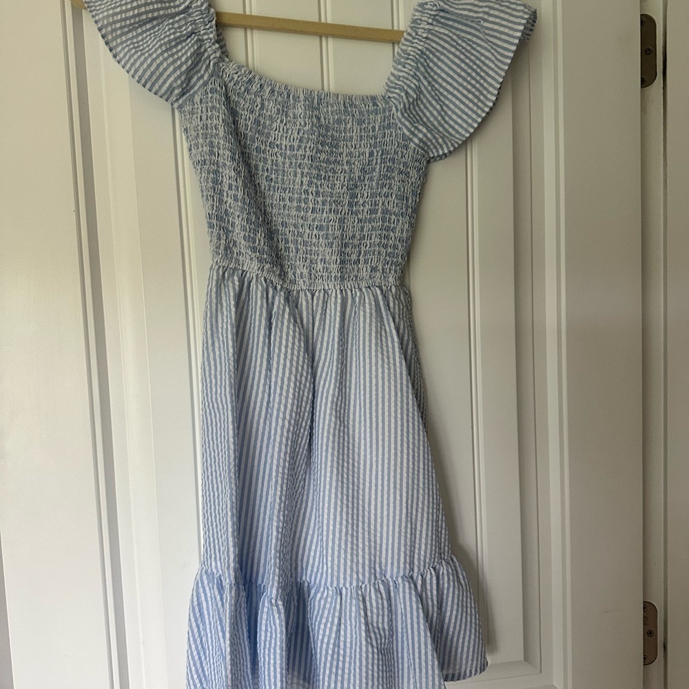 Lulu's Blue and White Tiered Flutter Sleeve Sundress